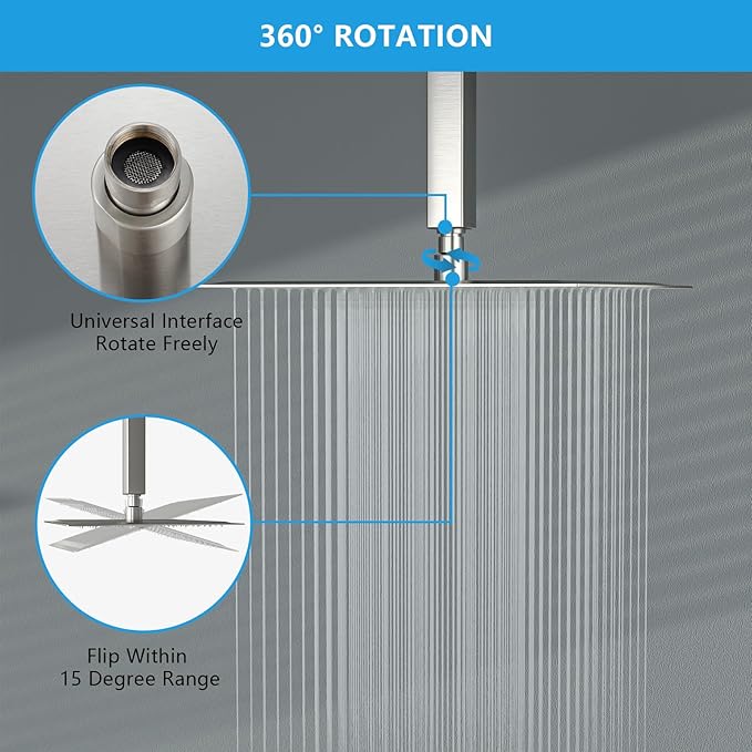 Lordear Rain Shower Head 12 Inch Solid Ultra Thin 304 Stainless Steel Adjustable Square Rainfall Shower Head Full Body Coverage with Silicone Nozzle 12” Waterfall Showerhead,Brushed Nickel