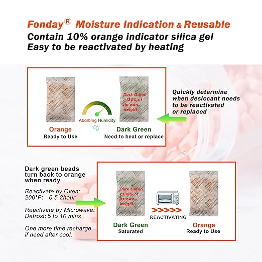 100Packs x 20Gram Fonday Rechargeable Silica Gel Desiccant Packets Food Grade Fast Reactivate Desiccant Bags Moisture Indicating Orange to Green