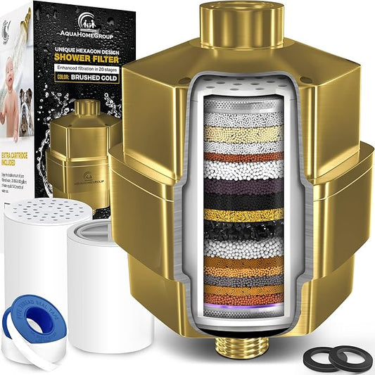 AquaHomeGroup 20 Stage Shower Filter for Hard Water - High Output Universal Shower Head Filter for Chlorine, Fluoride, Heavy Metals - Vitamin C E Shower Water Filter for Hair and Skin (Golden)