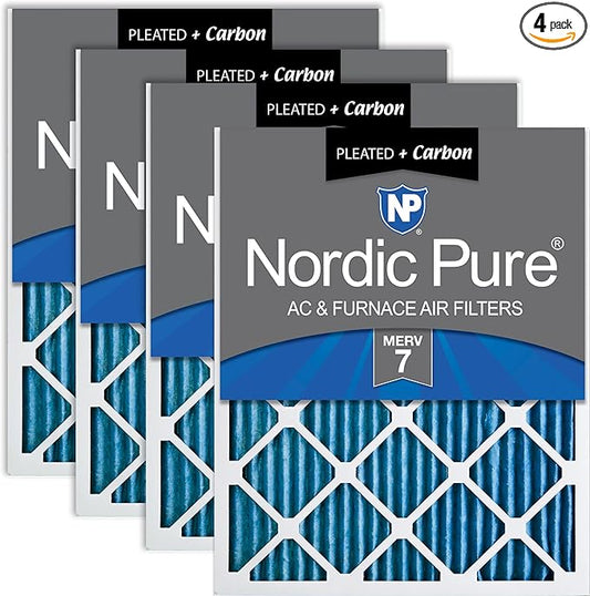 Nordic Pure 20x20x1 (Actual Size: 19 1/2 x 19 1/2 x 3/4) Pleated Air Filters MERV 7 Plus Carbon 4 Pack