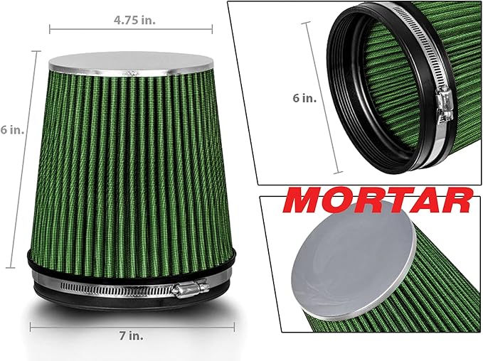 Mortar Aftermarket Auto Air Filter – 6 In Flange ID Car Enthusiast Class Universal Cold Air Intake Gulps in More Air for More Engine Power & Passionate Induction Sound, Length 6 In, Green
