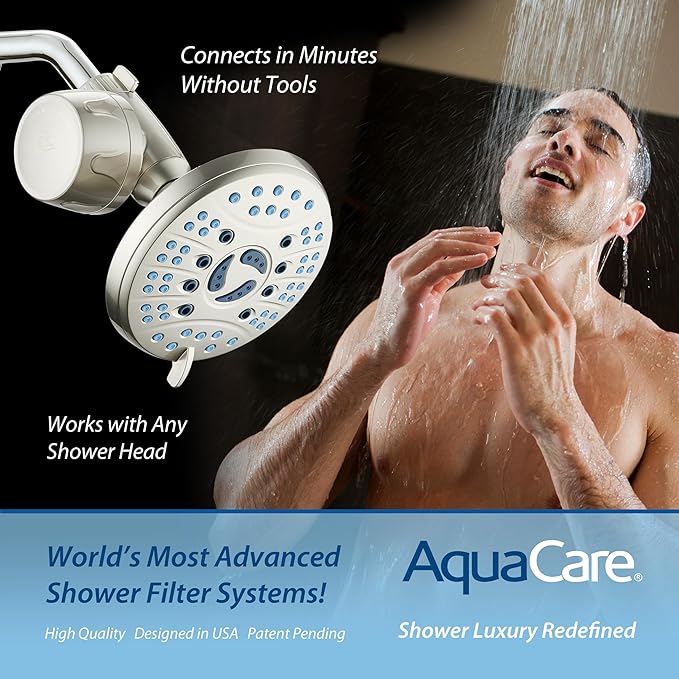 AquaCare Skin & Hair - World's Most Advanced Shower Filter for Fixed or Handheld Shower Heads with ON/OFF Filtration Modes, Instant Cartridge Reload & Stay-Clean Enriched KDF Cartridge/Satin Nickel