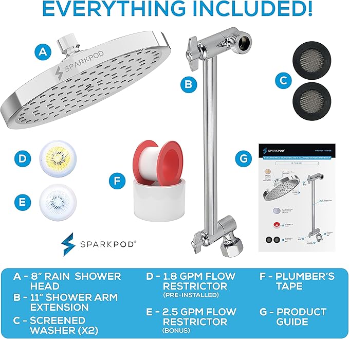 SparkPod Round Rain Shower Head with Shower Head Extension Arm - High Pressure Rain - Luxury Modern Look - No Hassle Tool-less 1-Min Installation (11" Shower Arm Extension, Luxury Polished Chrome)