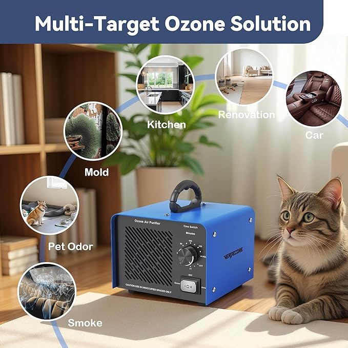 125,000mg/h Ozone Generator, High Capacity Ozone Machine & Negative Ion Air Purifier O3 Air Ionizer Odor Removal for Home, Car, Pets, Basement Covers up to 2500 Sq.Ft. (Blue)