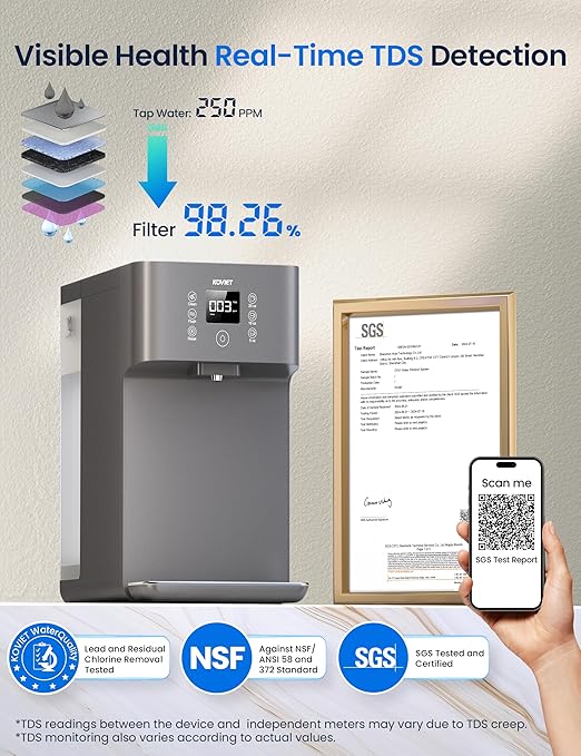 CF01 Reverse Osmosis Countertop Water Filter, 8 Stage Nano RO Water Filtration System, Home Water Purifier, 4:1 Pure to Drain Ratio, No Installation Required, Grey