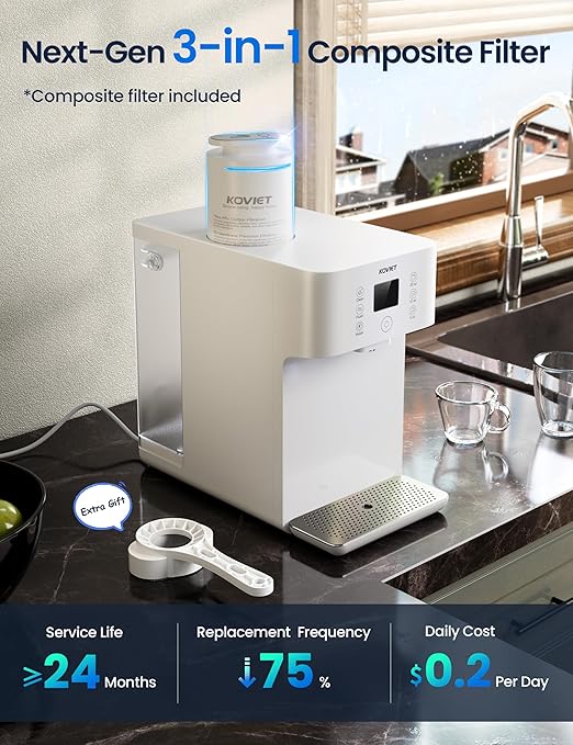 CF01 Reverse Osmosis Countertop Water Filter, 8 Stage Nano RO Water Filtration System, Home Water Purifier, 4:1 Pure to Drain Ratio, No Installation Required, White
