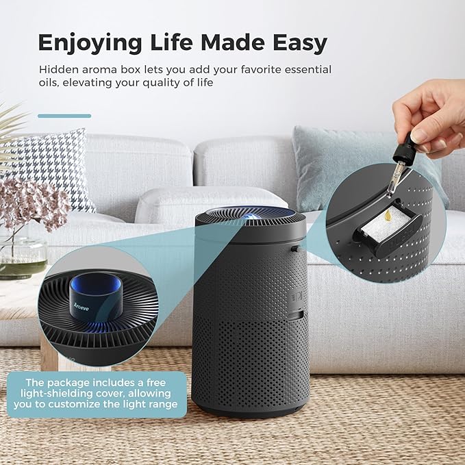 AROEVE Air Purifier for Large Rooms up to 1,782 Sq. Ft. with Star Projector, Smart WiFi, Air Quality Sensor, UV Function, and Washable Filter for Whole Home Use for a Cozy Holiday, MK09W Black