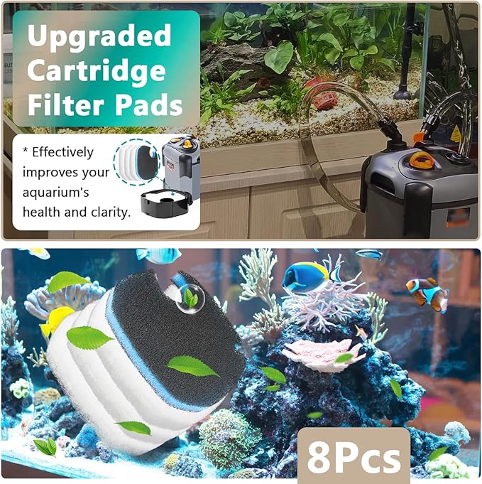 8 Pcs Replacement Canister Filter Pads for AMOSIJOY Coospider-repta 172/225/265GPH Aquarium External Strainer, Including 6 White Floss Pads, 2 Coarse Filter Pads with Activated Carbon