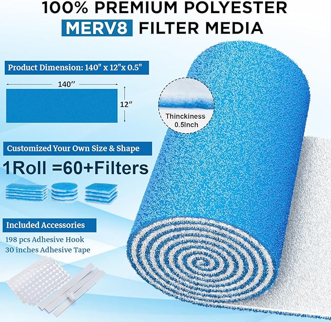 Air Vent Filters Roll, 140" x 12" Cut to Fit (60+ Filters), MERV 8 Triple Vent Filter Kit for HVAC Furnace Vents, Home Floor, Ceiling, Grilles