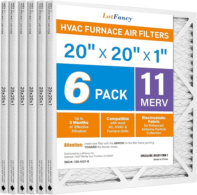 LotFancy 20x20x1 Air Filter, 6 Pack MERV 11 Pleated Furnace Air Filters Replacement for HVAC (Actual Size: 19.75"x19.75"x0.75")