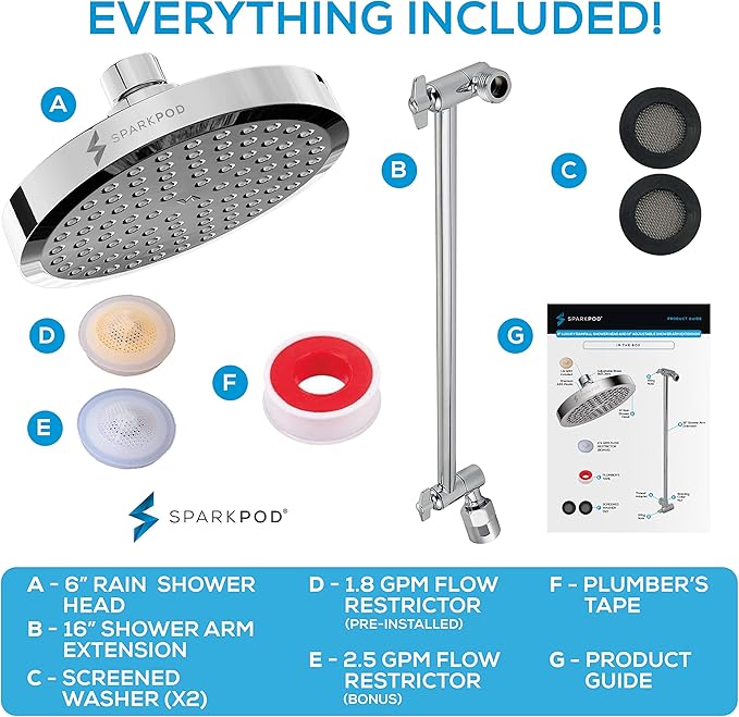 SparkPod Round Rain Shower Head with Shower Head Extension Arm - High Pressure Rain - Luxury Modern Look - No Hassle Tool-less 1-Min Installation (16" Shower Arm Extension, Luxury Polished Chrome)