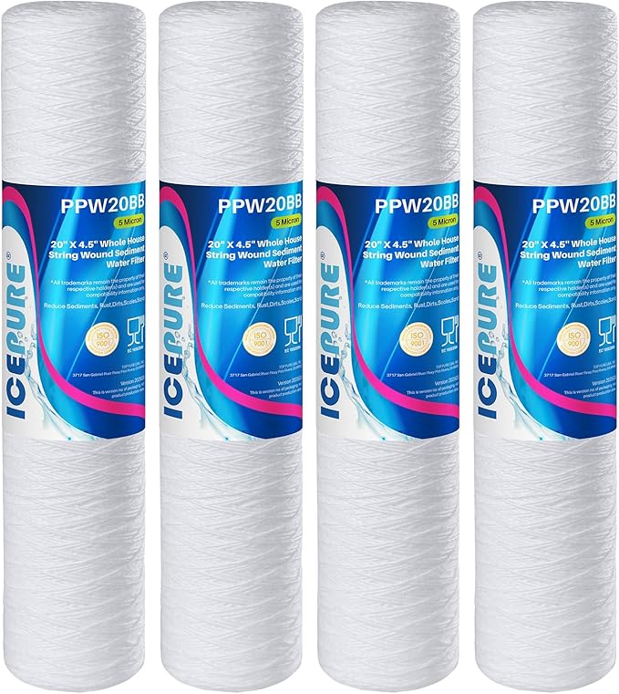 ICEPURE 5 Micron 4.5" x 20" Whole House String Wound Sediment Water Filter Cartridge for Well Water, Replacement for WP5BB20P/WP25BB20P, SDC-45-2005, SP-WP5-20BB, SWC-45-2005, 4PACK