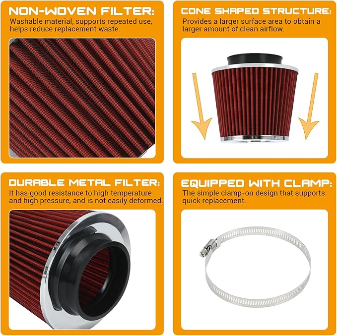 PTNHZ Universal Red 3.5" 89mm High Flow Cold Air Intake Cone Air Filter Power Intake Air Inlet System Air Cleaner