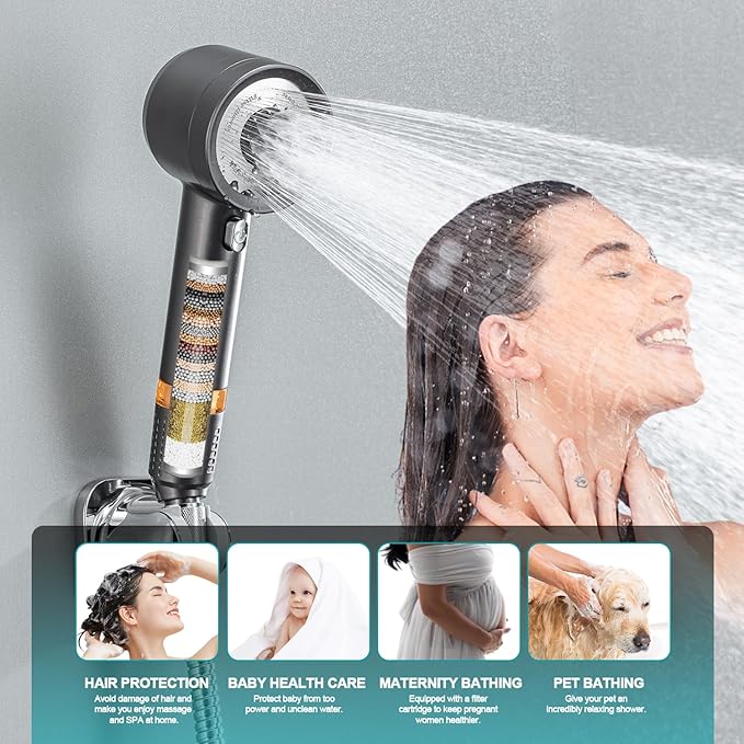 High Pressure Showerhead with Filters, Filtered Shower Head Handheld with ON/OFF Switch,Extra Long 79-inch Hose and Adjustable Angle Bracket Extra Low-Reach Adhesive Wall Mount for Kids (Gray)