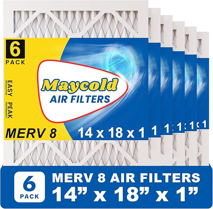 Maycold MERV 8 14x18x1 Furnace Air Filters (6-Pack), Pleated HVAC AC Filters – Actual Size: 13.70” x 17.70” x 0.75”, For Residential or Office Use, Individually Wrapped in Plastic