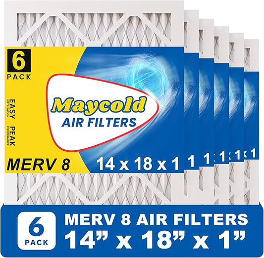 Maycold MERV 8 14x18x1 Furnace Air Filters (6-Pack), Pleated HVAC AC Filters – Actual Size: 13.70” x 17.70” x 0.75”, For Residential or Office Use, Individually Wrapped in Plastic