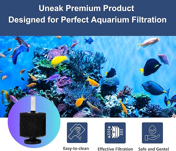 UNEAK Extra Small Aquarium Sponge Filter Fish Tank Silent Filteration Breeding Fry Betta Shrimp Nano Tank Accessories Air Stone 4-inch Airline Tubing up to 5 Gallon