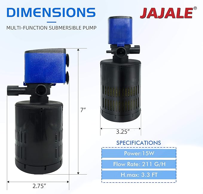 210 GPH Internal Filter Submersible Pump - 3 in 1 Aquarium Fish Tank Pump with Oxygenation, Filtration & Water Cycling, 3.3 ft max lift, 15W