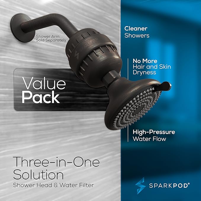 SparkPod 23-Stage Filtered Shower Head with 3 Spray Settings - High Pressure Shower Head with Filters for Dry Hair and Skin - Showerhead with Filter Reduces Chlorine & Heavy Metals (Oil-Rubbed Bronze)