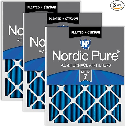 Nordic Pure 14x25x2 (13 1/2 x 24 1/2 x 1 3/4) Pleated Air Filters MERV 7 Plus Carbon 3 Pack