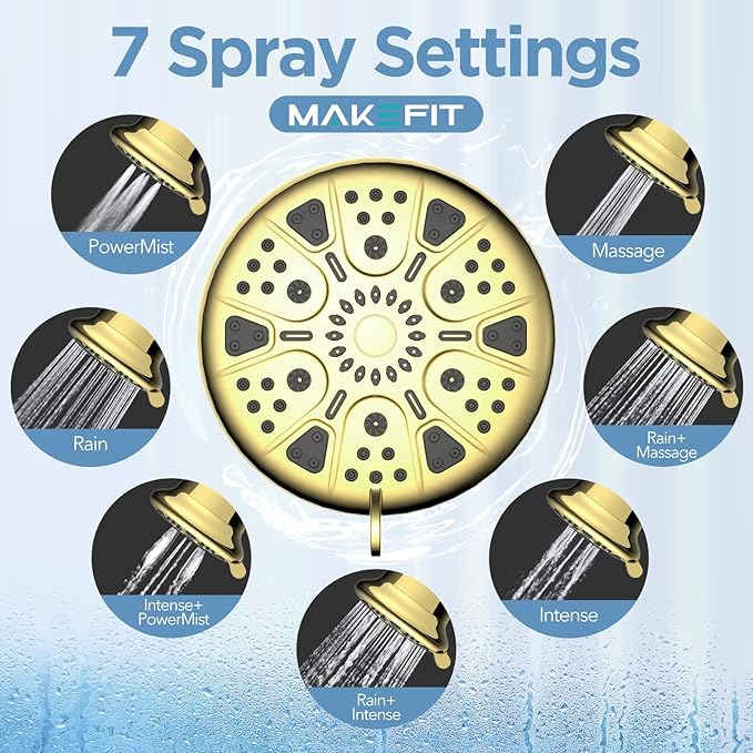 Filtered Shower Head - High Pressure Rain - Shower Head with filter for Hard Water - Luxury 7 Settings Adjustable Water Filter Showerhead (Gold)
