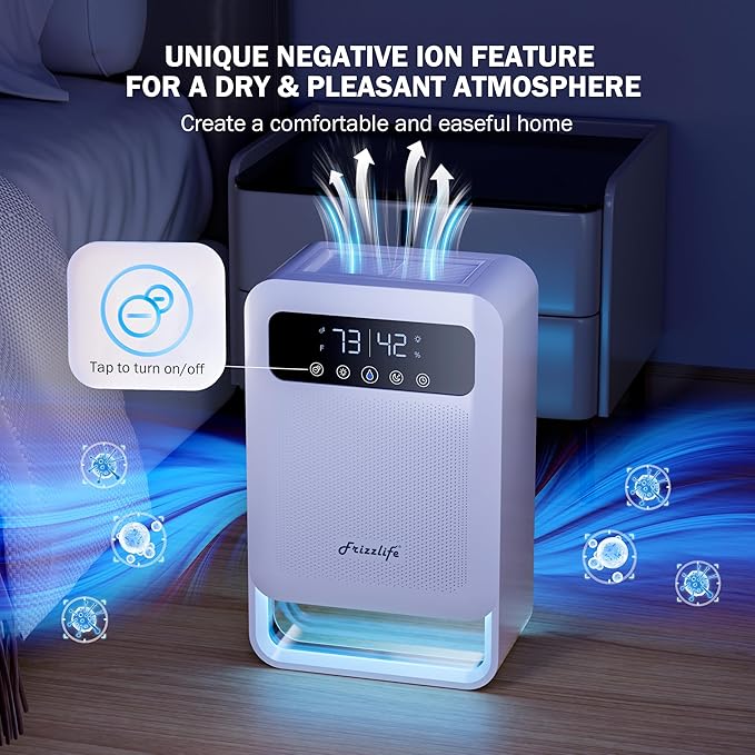 Frizzlife DH80 Air Dehumidifier, 135oz Water Tank W/Purifying Function, Quiet Small Dehumidifiers With Sleep Mode For Home, Bedroom, Bathroom, Basement W/Auto Shut Off, 7 Colors LED Light, White