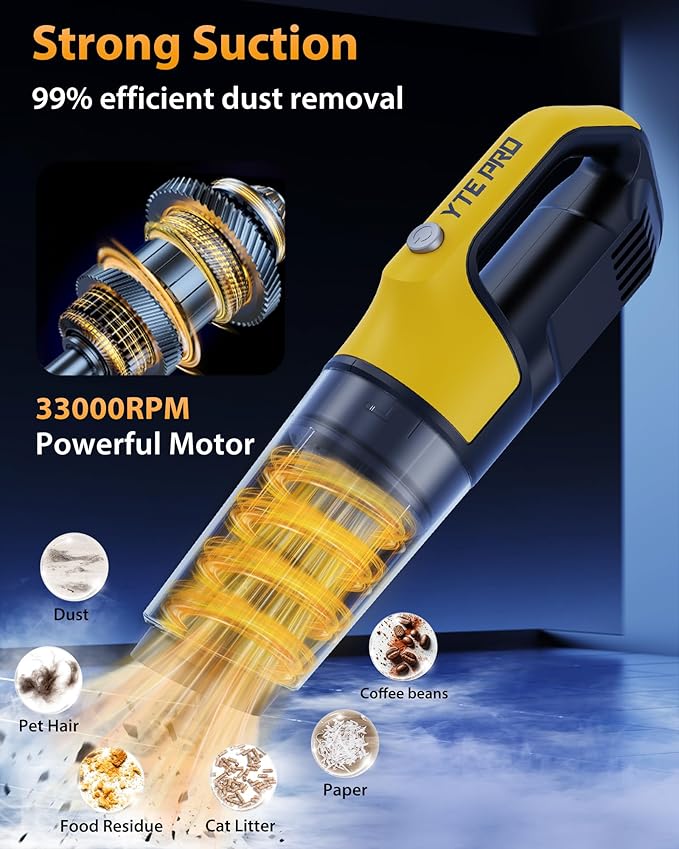 Handheld Vacuum Cordless 1.1 Pounds Car Vac 10000PA Hand Held Vacuums 4-in-1 Hand Vac Cordless Rechargeable HEPA Filter Large Capacity Dust Cup for Car Office Home Pets Hair (Lemon Yellow)
