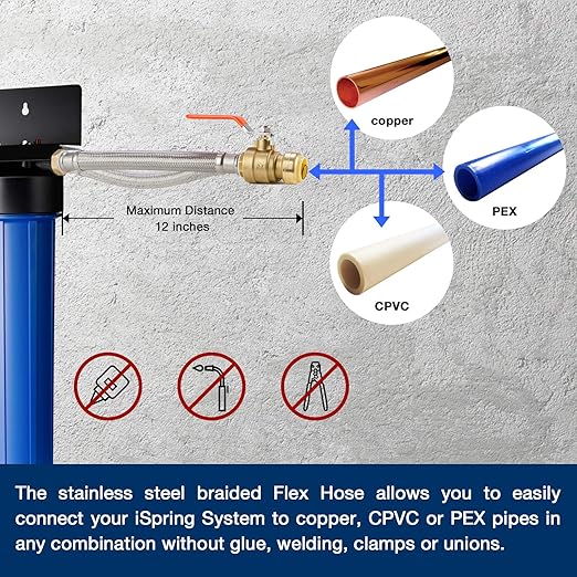 iSpring WGB32B+AHPF12MNPT16X2 3-Stage Whole House Water Filter System, Reduces Chlorine, Sediment Home Water Filtration System w/ 3/4'' Push-Fit Braided Stainless Steel Hose Connectors