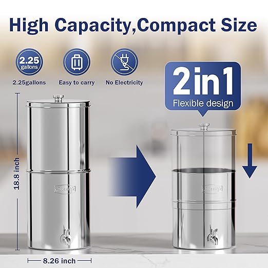 Frizzlife Reduces 99.9% Lead Gravity-fed Water Filter System, NSF/ANSI 42&372 Standards, 2.25G Countertop Water Filter Reduces Chlorine, Heavy Metals, with Activated Carbon Filter and Stand, G210-PRO