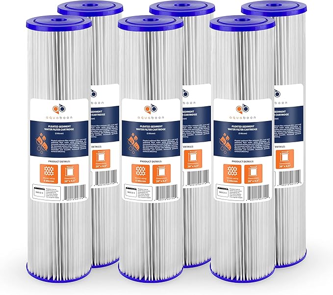 Aquaboon 20 Inch Whole House Pleated Water Sediment Filter Replacement 5 Micron Water Filter Cartridge Compatible with ECP5-20BB, SPC-45-2005, 6-Pack