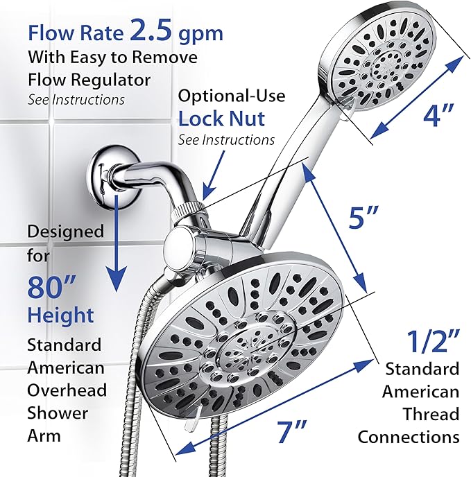 AquaDance 7" Premium High Pressure 3-Way Rainfall Combo for The Best of Both Worlds - Enjoy Luxurious Rain Showerhead and 6-Setting Hand Held Shower Separately or Together - Chrome Finish - 3328