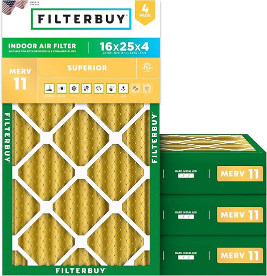 Filterbuy 16x25x4 Air Filter MERV 11 (MPR 1200) Allergen Defense Replacement (4-Pack), Electrostatic Pleated HVAC AC Furnace Filters, Made in USA (Actual Size: 15.50 x 24.50 x 3.63)