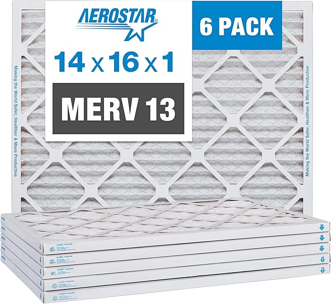 Aerostar 14x16x1 MERV 13 Pleated Air Filter, AC Furnace Air Filter, 6 Pack (Actual Size: 13 7/8" x 15 7/8" x 3/4")