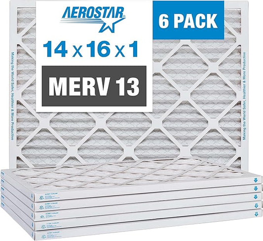 Aerostar 14x16x1 MERV 13 Pleated Air Filter, AC Furnace Air Filter, 6 Pack (Actual Size: 13 7/8" x 15 7/8" x 3/4")
