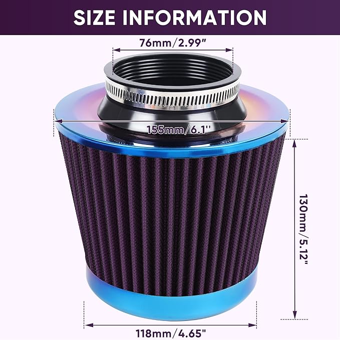Universal Cold Air Intake Filter Clamp-On Replacement Air Filter Flange Diameter 3 inches/76mm High Performance Washable Filter Purple