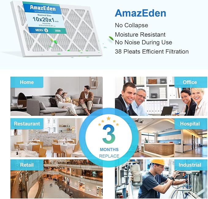 10x20x1 Air Filter MERV 8 (4-Pack) MPR 600 FPR 5 HVAC AC Furnace Pleated Filters for Home Dust Defense Replacement (Actual Size: 9.81x19.81x0.81 Inches)