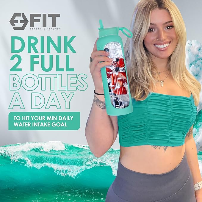 FIT Strong & Healthy 32 oz Glass Water Bottle with Straw Lid, Time Marker, Sleeve & Extra Lid - Motivational, Wide Mouth 1 Liter Glass Drinking Bottle