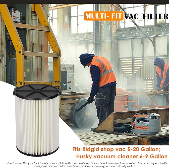 VF4000 Replacement Filter for Ridgid Shop Vacuums 5-20 Gallon, Universal VF4200 Filter Fits Rigid Wet Dry Vac/Husky Shop Vacuum Filter 6-9 Gallon with Foam Sleeves-2 Pack