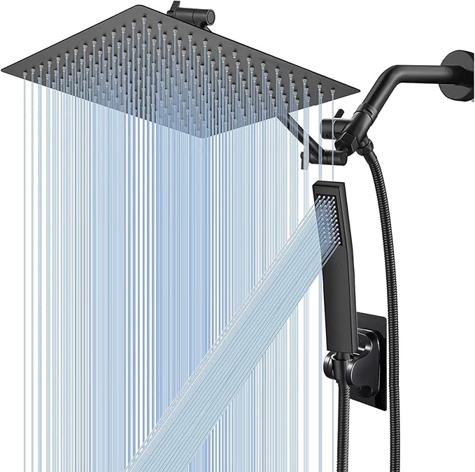 All Metal 12'' Rain/Rainfall Shower Head with Handheld Spray Combo, High Pressure Square Shower Head with 13'' Extension Arm, Dual Black Shower Heads with 78'' Hose, Waterfall Showerhead, BELLEARLY