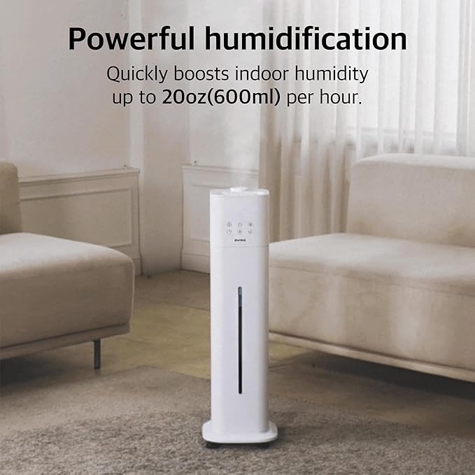 Pureal 10L Tower Humidifier, 83H Runtime, Warm & Cool Mist, Large Room, Top-Fill Tank On Wheels, Auto Mode, 12H Timer, Remote Control, Mood Light, White