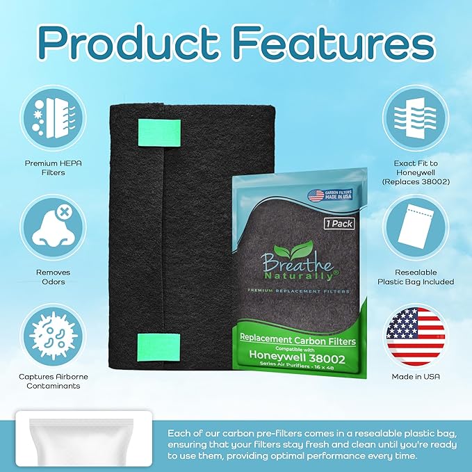 Breathe Naturally Replacement Filters Compatible with Honeywell Air Purifier 38002, HRF-APP1 & More - Activated Charcoal Prefilter - Made in USA - 16" x 48" x 0.2" (Pack of 1 Carbon Prefilters)