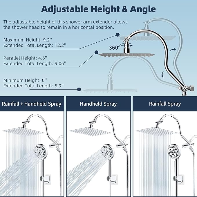 Hibbent All Metal Shower Head, 8'' High Pressure Rainfall Shower Head, Handheld Showerhead Combo with 12'' Adjustable Curved Extension Arm, 10-Spray, 71'' Hose, Adhesive Showerhead Holder, Chrome