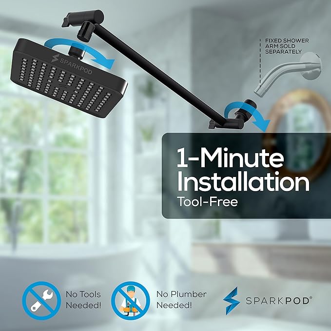 SparkPod Square Rain Shower Head with Shower Head Extension Arm - High Pressure Rain - Luxury Modern Look - No Hassle Tool-less 1-Min Installation (16" Shower Arm Extension, Midnight Black Matte)
