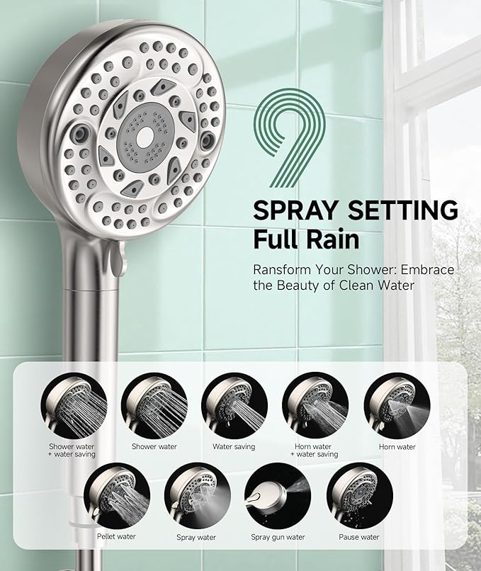 Filtered Shower Head with Handheld, 9-Spray Mode High Pressure Detachable Shower Head with Filters for Hard Water - Remove Chlorine Brushed