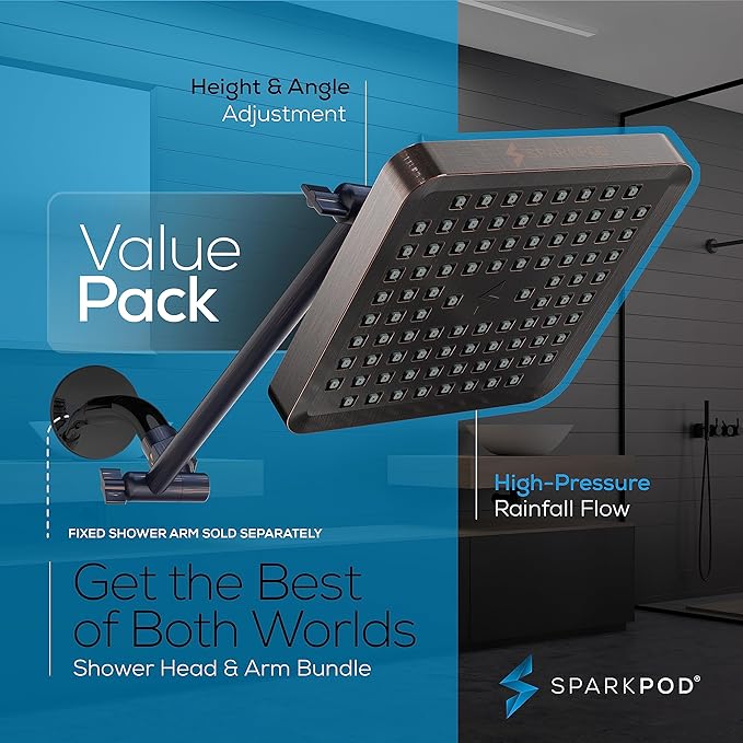 SparkPod Square Rain Shower Head with Extension Arm - Height Adjustable Shower Head with High Pressure Performance - Easy 1-Minute Installation (11" Arm Extension, Vintage Oil-Rubbed Bronze)
