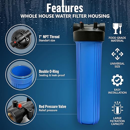 High Capacity 20 x 4.5” Whole House Filter Purifier System for Well or City Water, Presser Relief Button, 1” NPT Brass Port, Double O-Ring, Meets NSF Standards & Regulations (Blue, 2 Sets)