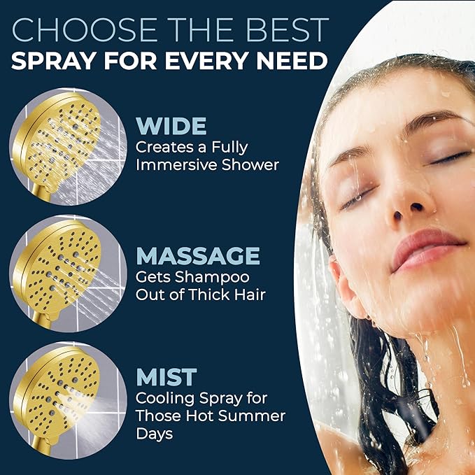 HammerHead Showers® Solid Metal 3-Spray Handheld Shower Head with Long Hose and Holder - BRUSHED GOLD - 2.5 GPM High Pressure Shower Head with Handheld Sprayer - WIDE, MASSAGE, and MIST Sprays