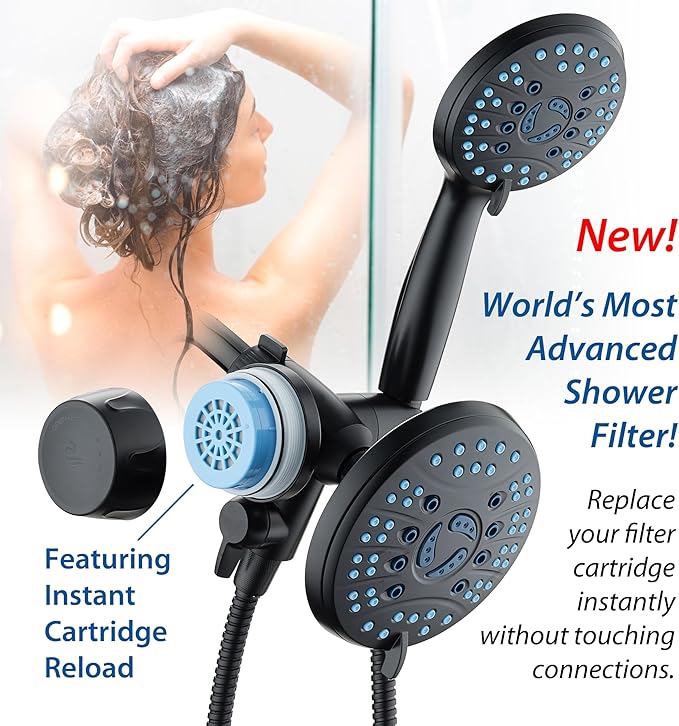 Skin & Hair - World's Most Advanced Shower Filter for Combos with ON/OFF Filtration Modes, Instant Cartridge Reload, Built-in Water Diverter, Stay-Clean Enriched KDF Cartridge/Matte Black