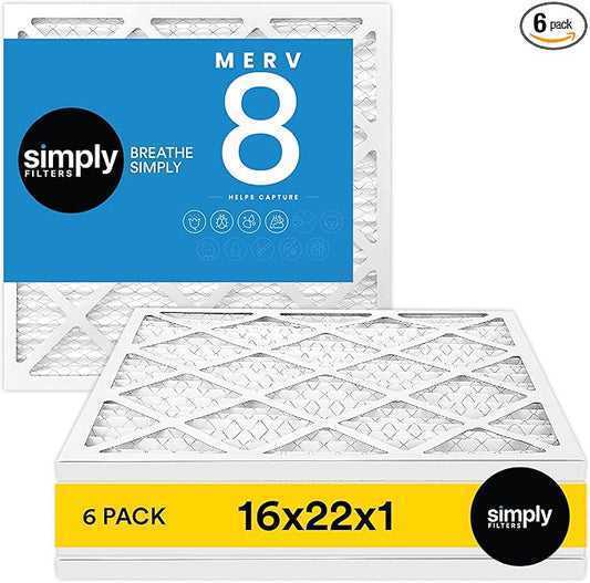 Simply 16x22x1 Air Filter, Merv 8, MPR 600, 6 Pack, For Home AC Furnace & HVAC (Actual Size: 15.75"x21.75"x0.75") DUST, Pet, & Allergy Control