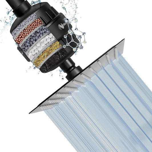 NearMoon Square Shower Head and 15 Stage Shower Filter Combo, High Pressure Filtered Head for Hard Water, Improves the Condition of Your Skin, Hair (Matte Black)